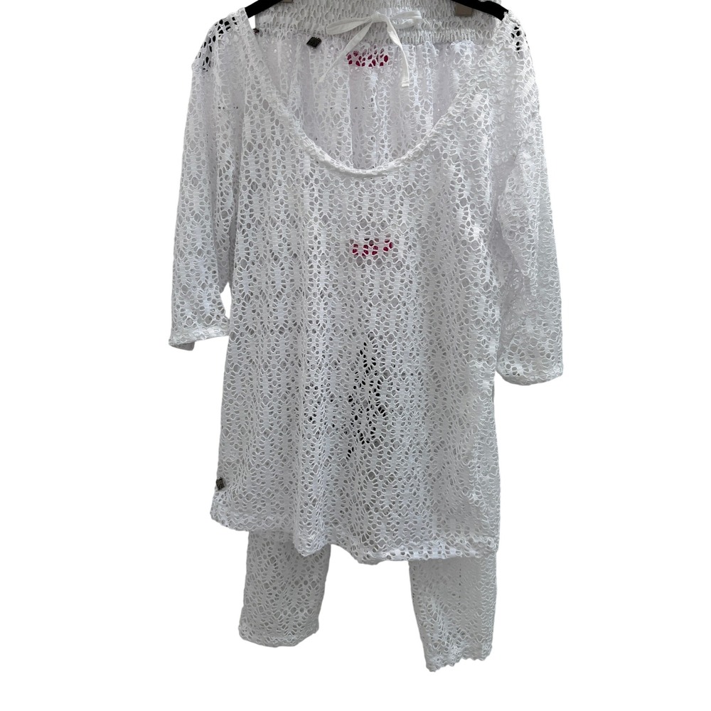 Palmera Beachwear 2 Piece Set Women S White Crochet Cover Up Top Pants Resort